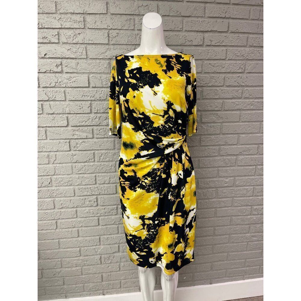 Jones New York Women Yellow Multicolored Side Draped Ruched Dress Size S